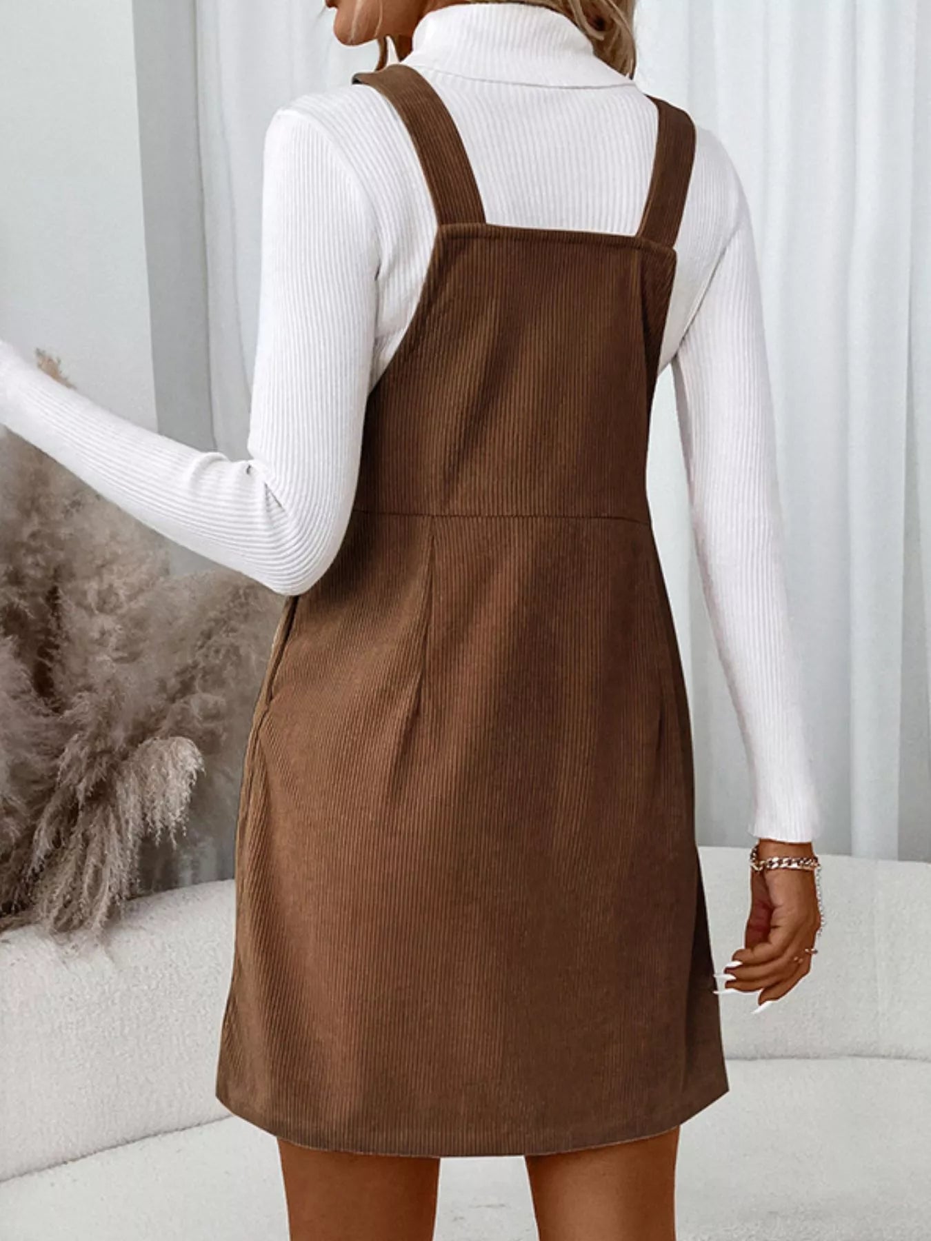 Brown Pinafore Dreams corduroy overall dress with front pocket and button sides