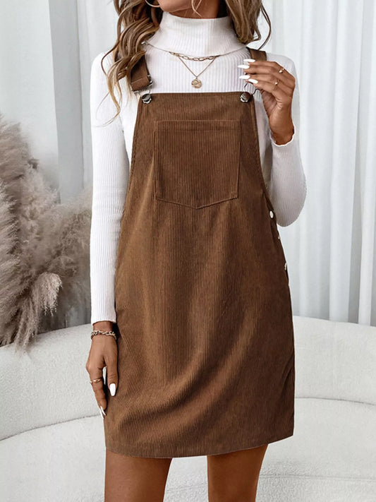 Brown Pinafore Dreams corduroy overall dress with front pocket and button sides