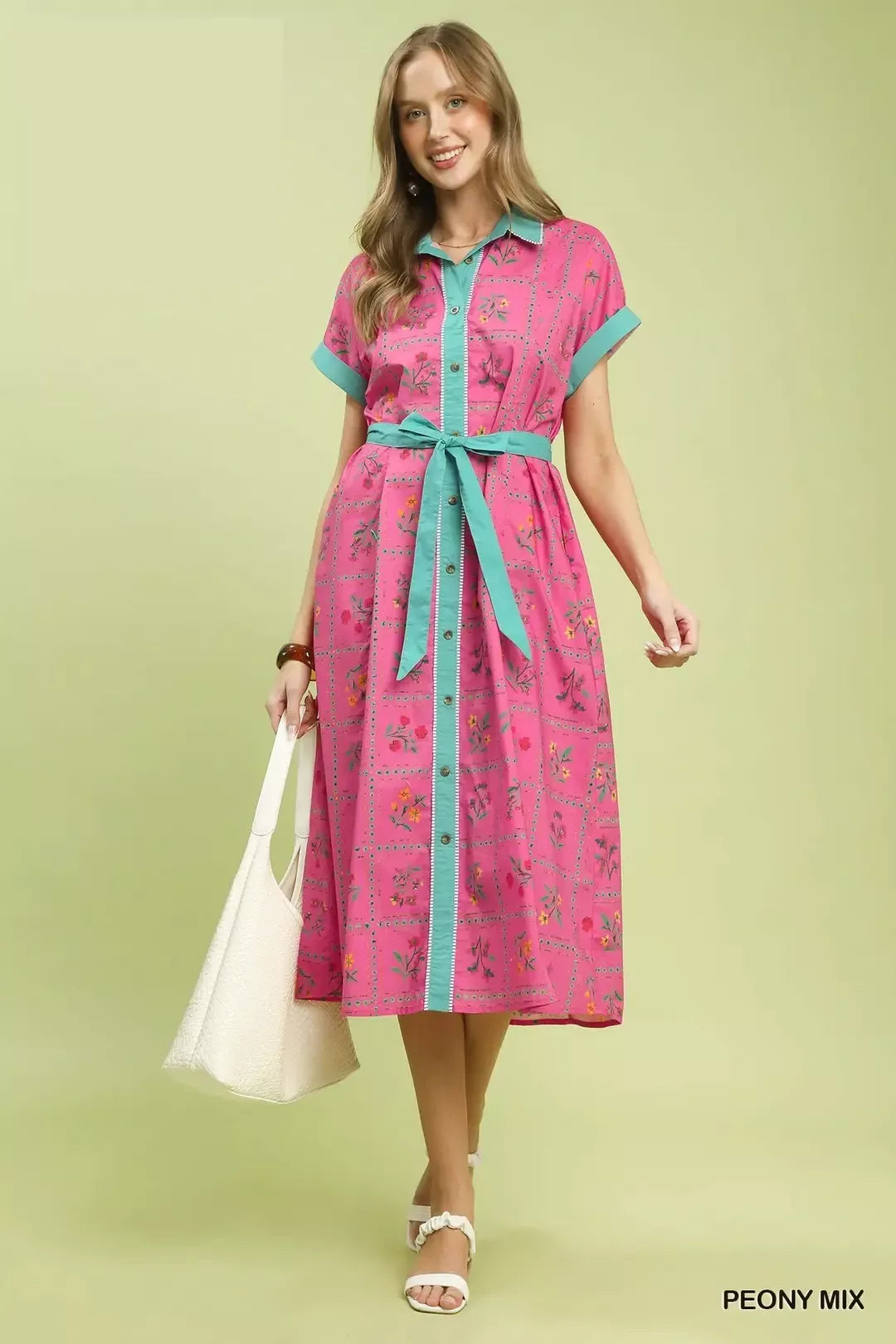 pink floral midi dress with button-front detail and belted waist in a romantic boho style