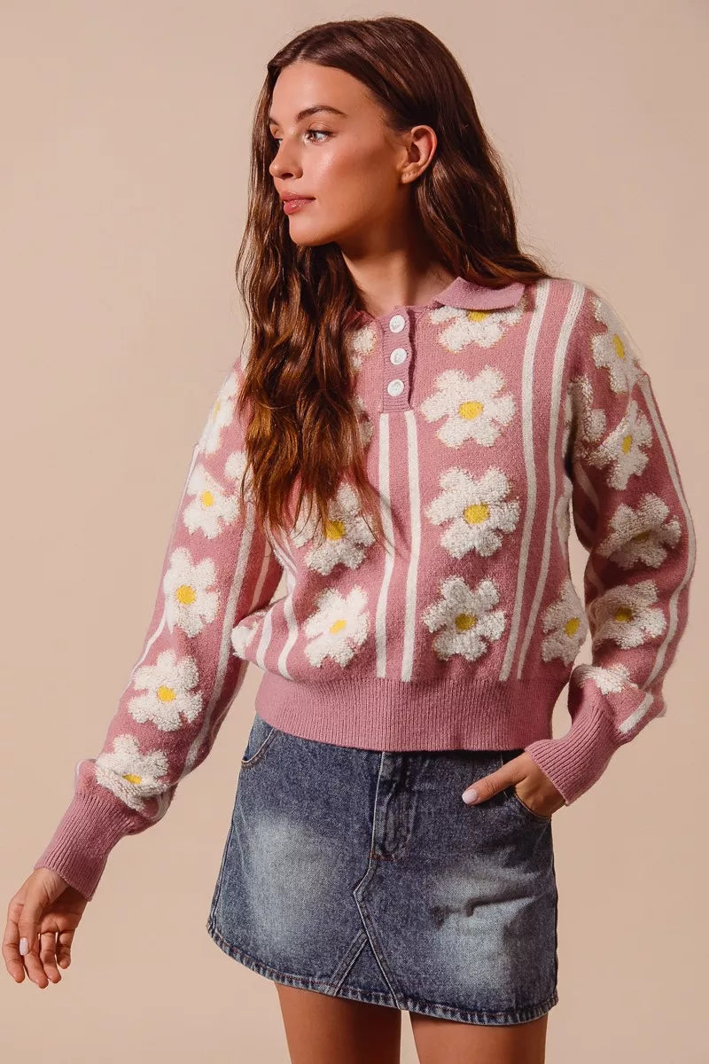 Pink floral stripe sweater with polo collar and buttoned neckline – Pink Verve style from A Whimsical Affair.