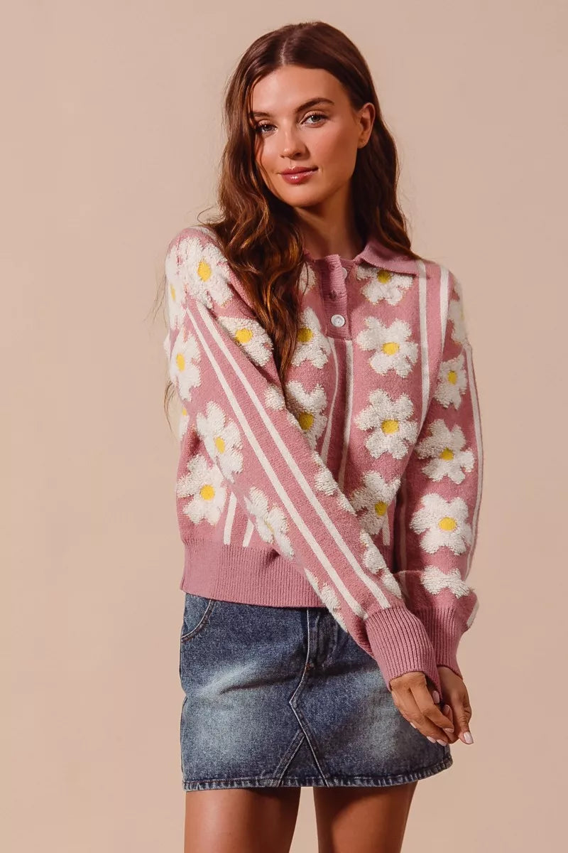 Pink floral stripe sweater with polo collar and buttoned neckline – Pink Verve style from A Whimsical Affair.