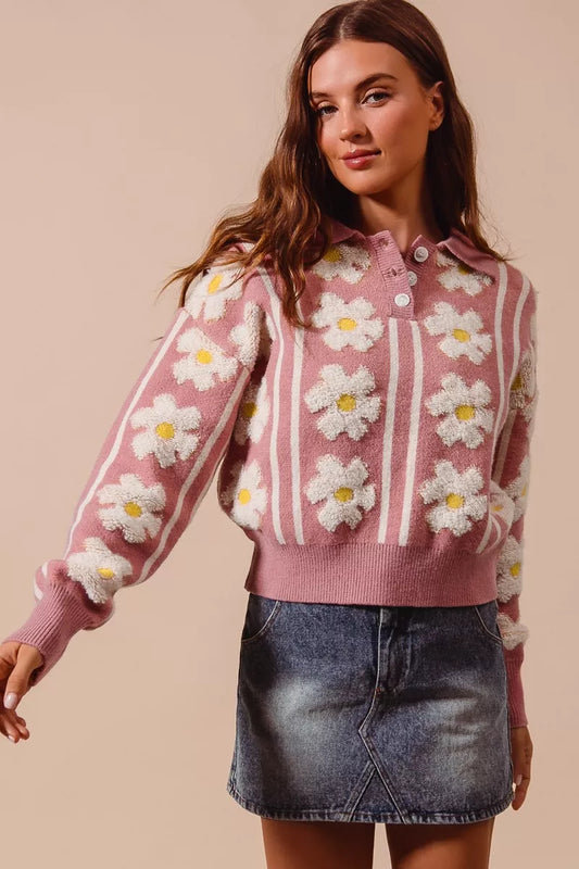 Pink floral stripe sweater with polo collar and buttoned neckline – Pink Verve style from A Whimsical Affair.