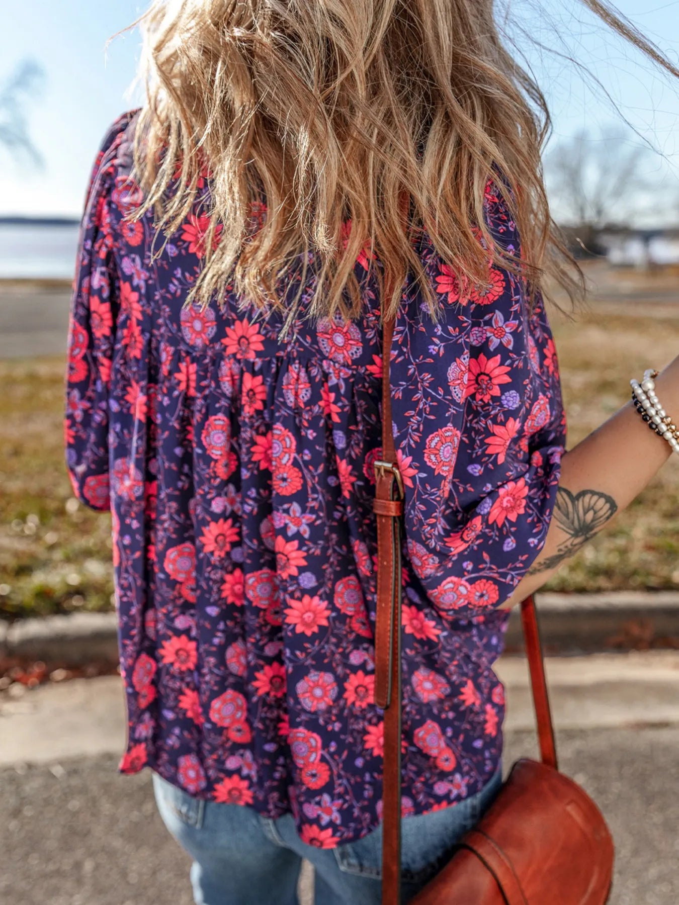 Plum purple floral split-neck blouse with half sleeves – Plum Petal style from A Whimsical Affair.
