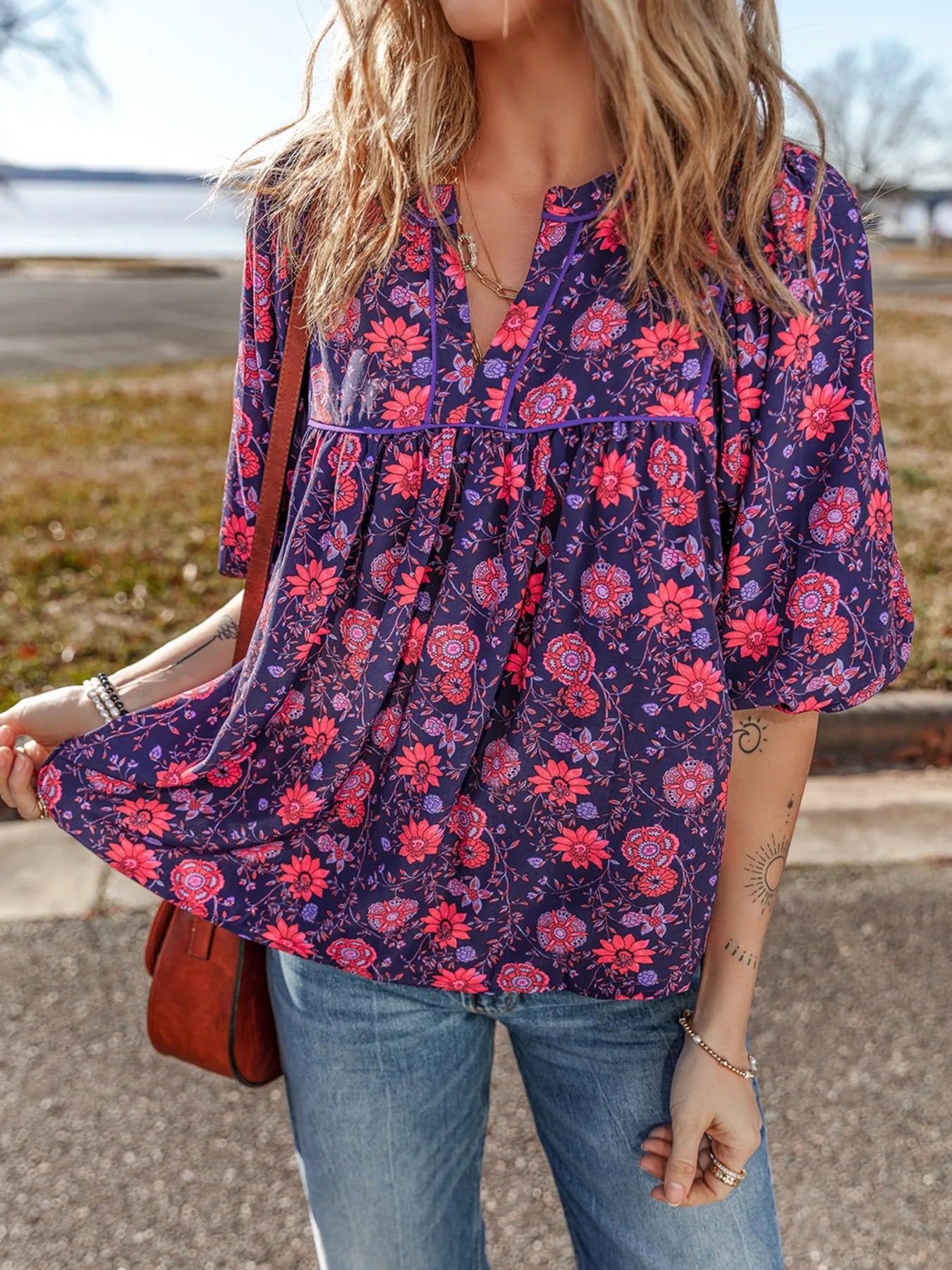Plum purple floral split-neck blouse with half sleeves – Plum Petal style from A Whimsical Affair.