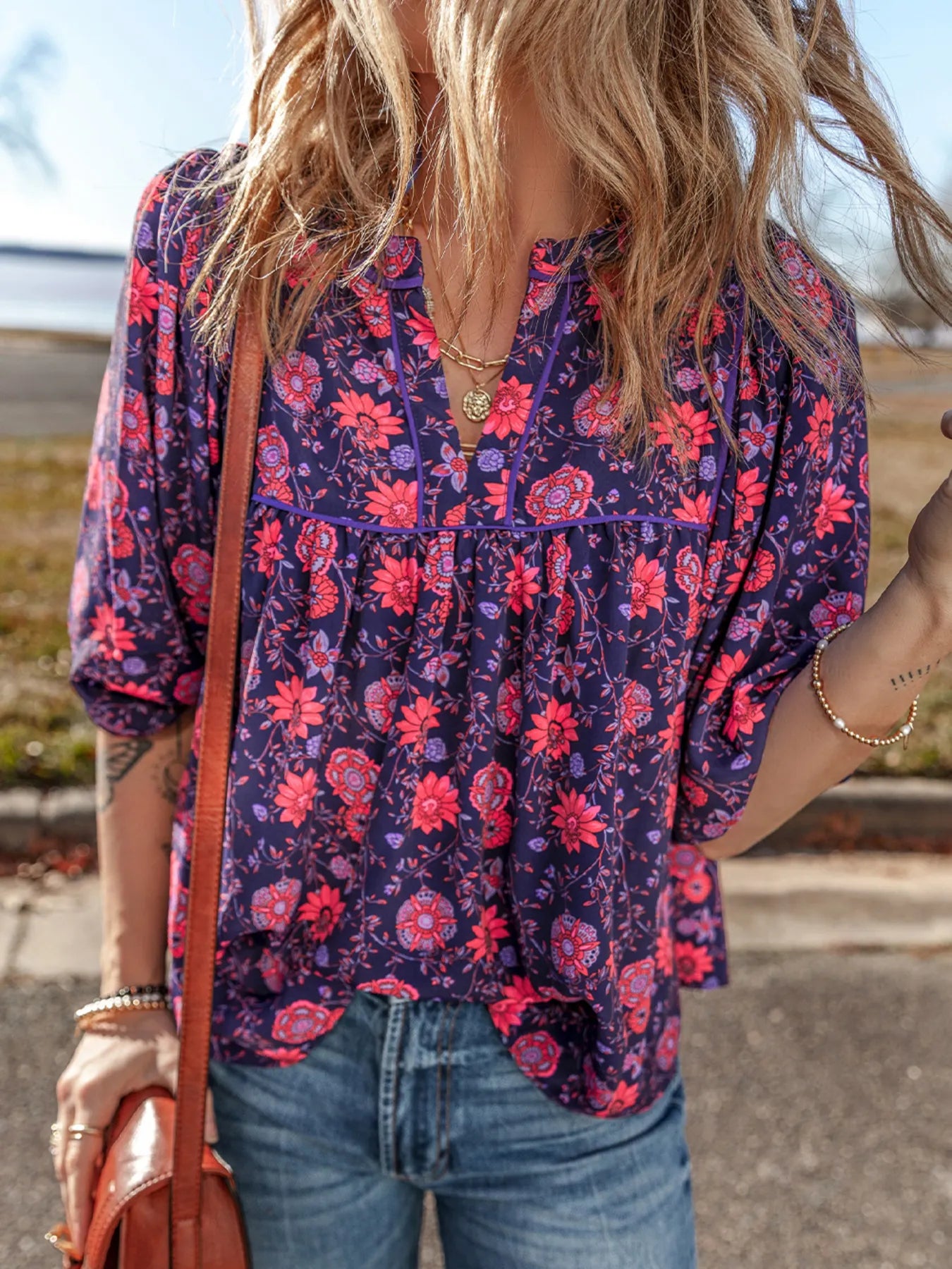 Plum purple floral split-neck blouse with half sleeves – Plum Petal style from A Whimsical Affair.