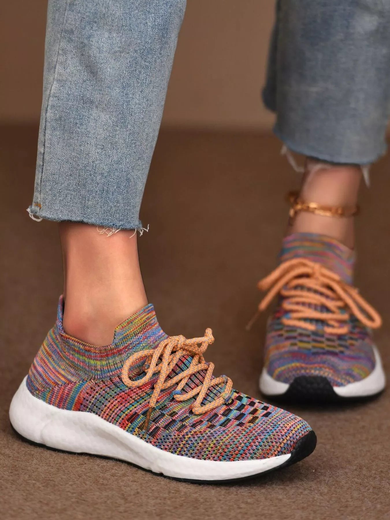 Prism Weave Lace-Up Sneakers – colorful round toe athletic shoes with woven mesh design and lace-up closure.