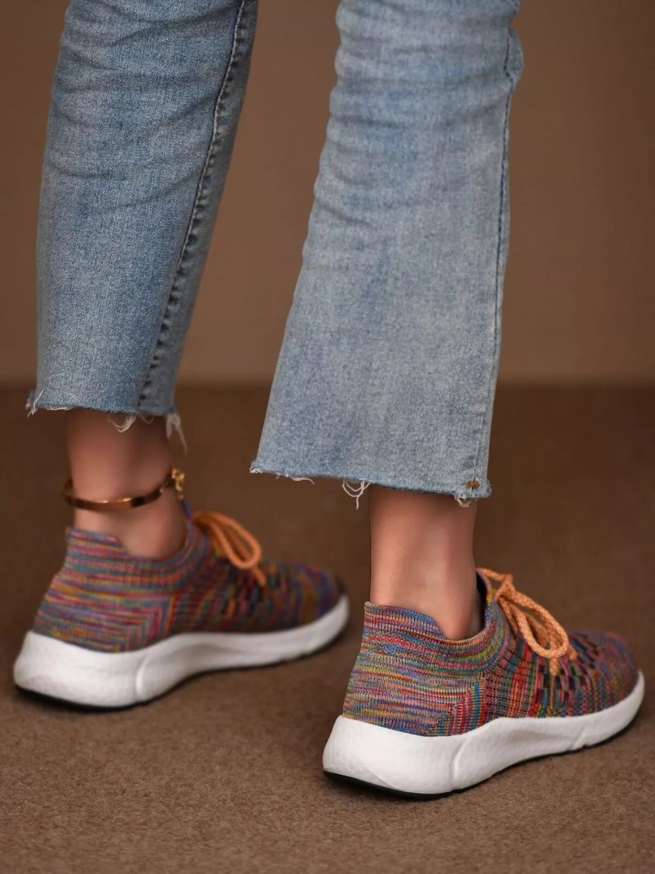 Prism Weave Lace-Up Sneakers – colorful round toe athletic shoes with woven mesh design and lace-up closure.