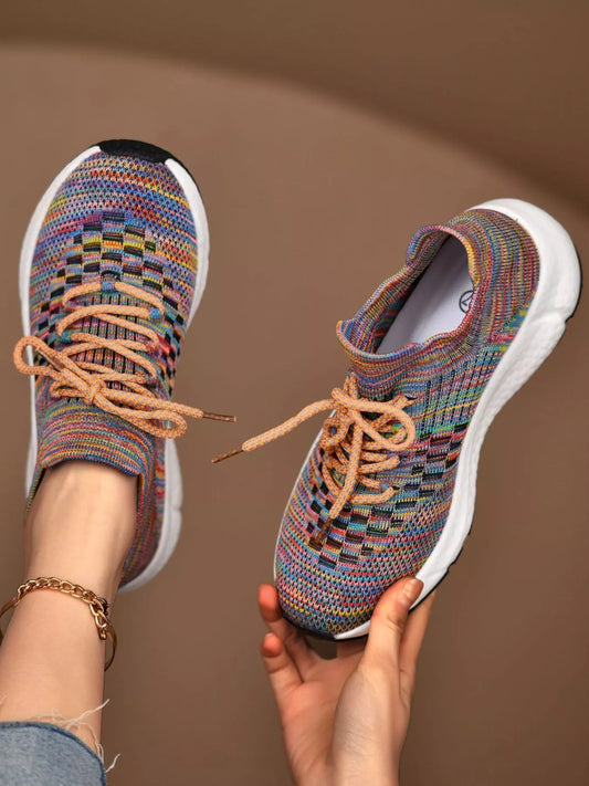 Prism Weave Lace-Up Sneakers – colorful round toe athletic shoes with woven mesh design and lace-up closure.