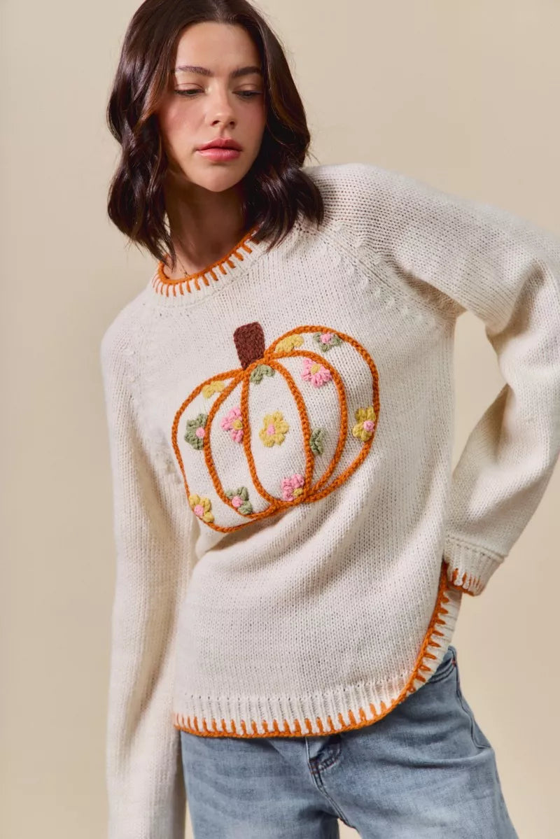 Pumpkin Blossom Sweater – cream knit sweater with floral embroidered pumpkin design, cozy fall Thanksgiving sweater.