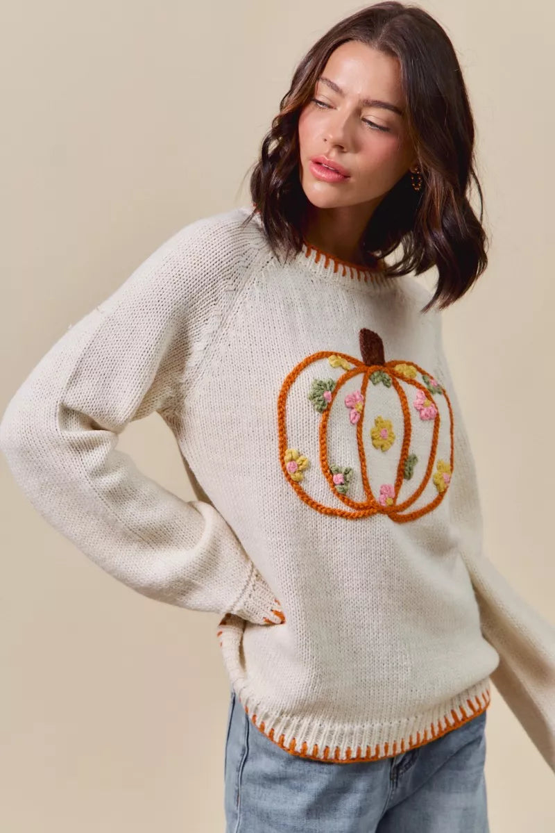 Pumpkin Blossom Sweater – cream knit sweater with floral embroidered pumpkin design, cozy fall Thanksgiving sweater.