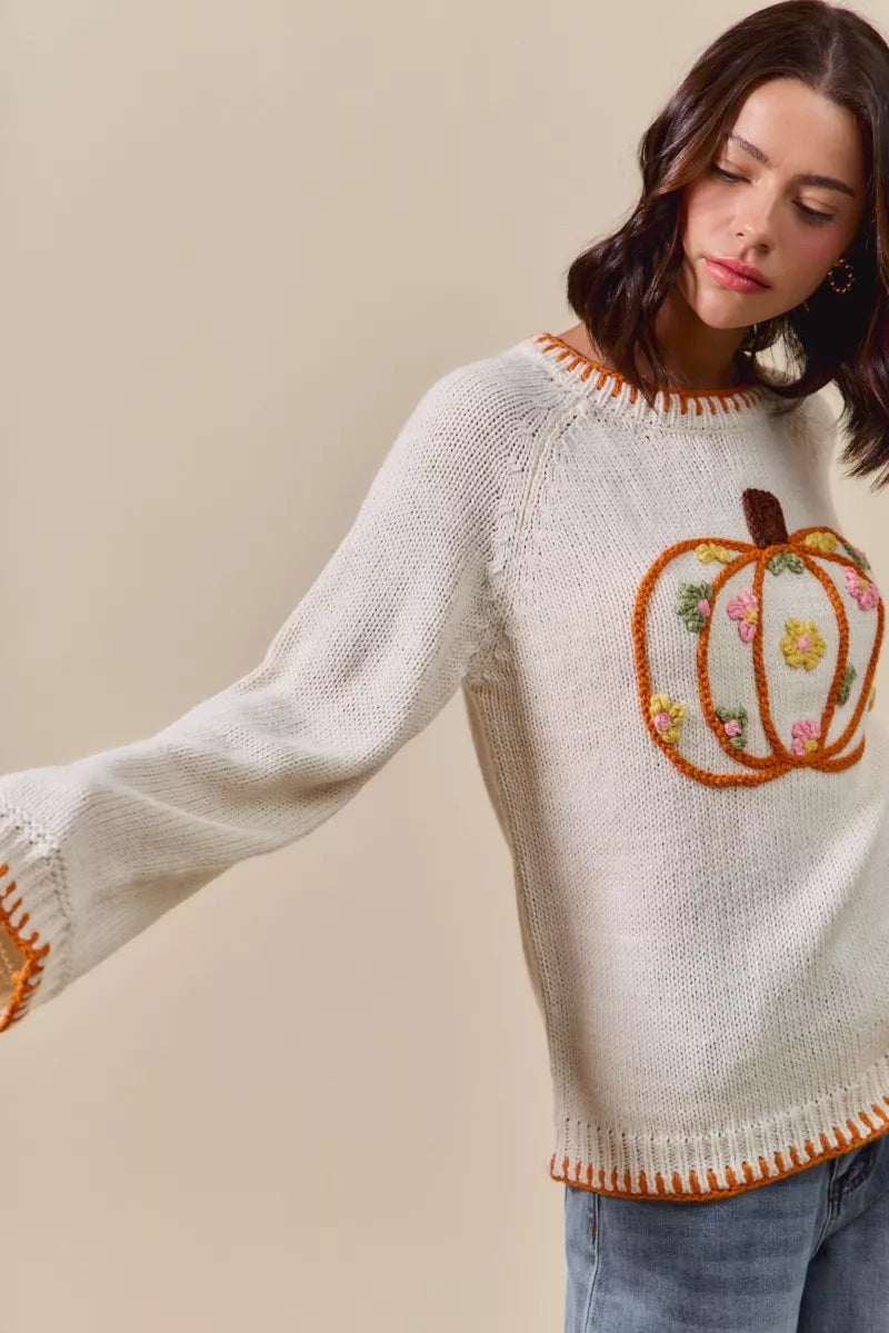 Pumpkin Blossom Sweater – cream knit sweater with floral embroidered pumpkin design, cozy fall Thanksgiving sweater.