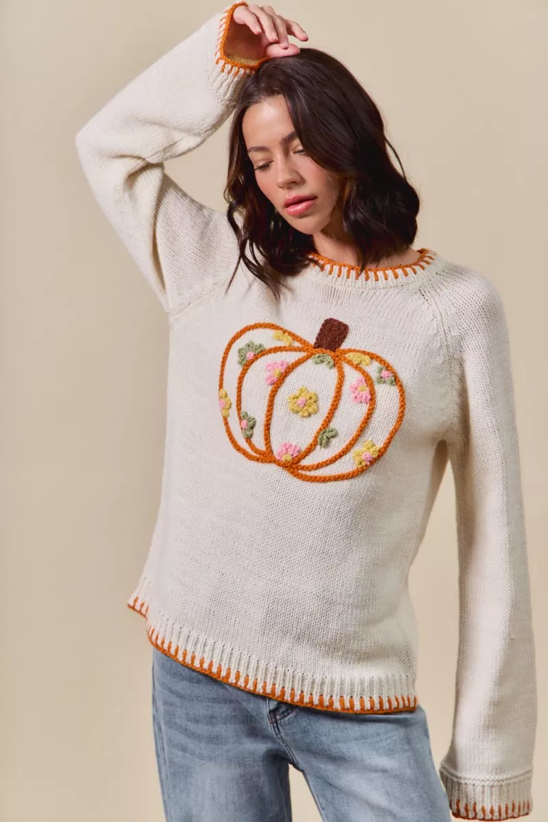Pumpkin Blossom Sweater – cream knit sweater with floral embroidered pumpkin design, cozy fall Thanksgiving sweater.