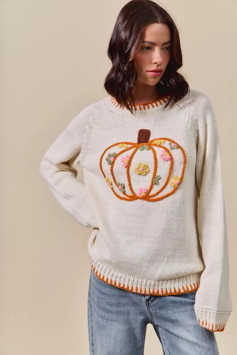 Pumpkin Blossom Sweater – cream knit sweater with floral embroidered pumpkin design, cozy fall Thanksgiving sweater.