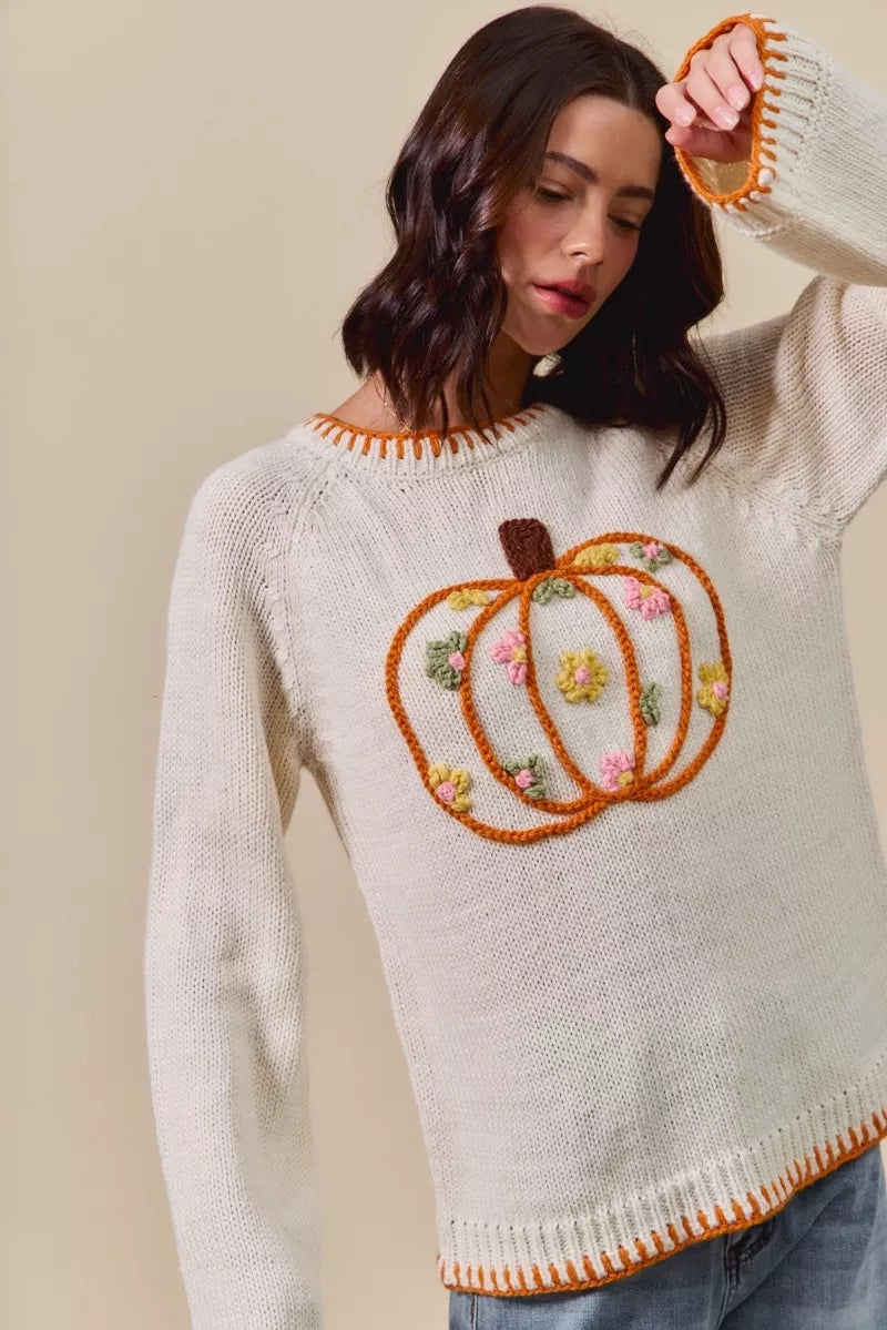 Pumpkin Blossom Sweater – cream knit sweater with floral embroidered pumpkin design, cozy fall Thanksgiving sweater.