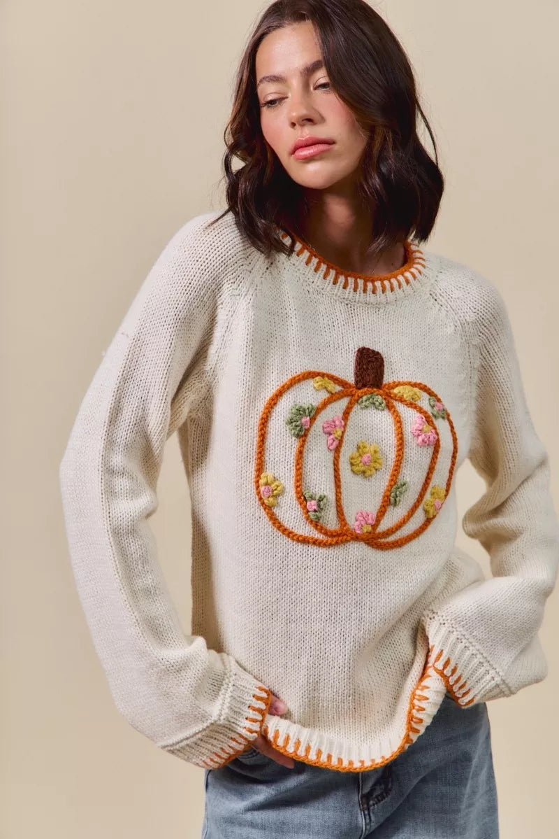 Pumpkin Blossom Sweater – cream knit sweater with floral embroidered pumpkin design, cozy fall Thanksgiving sweater.