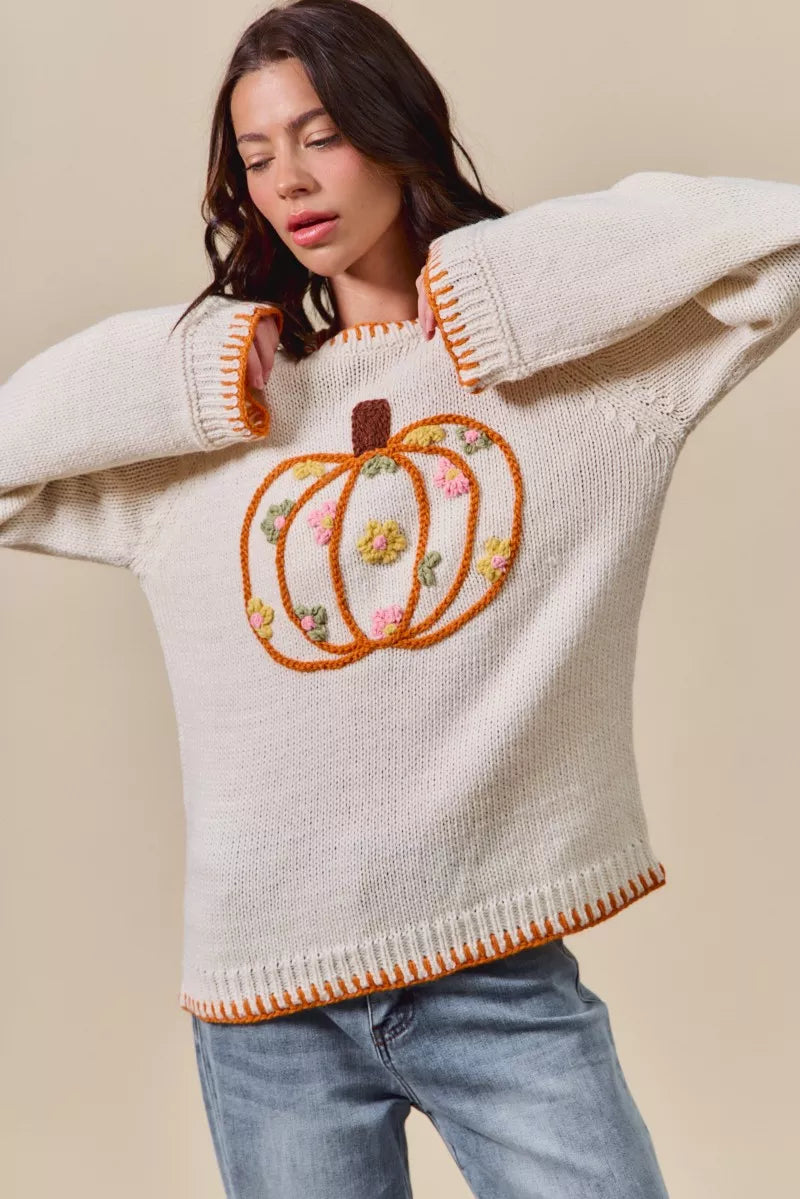 Pumpkin Blossom Sweater – cream knit sweater with floral embroidered pumpkin design, cozy fall Thanksgiving sweater.