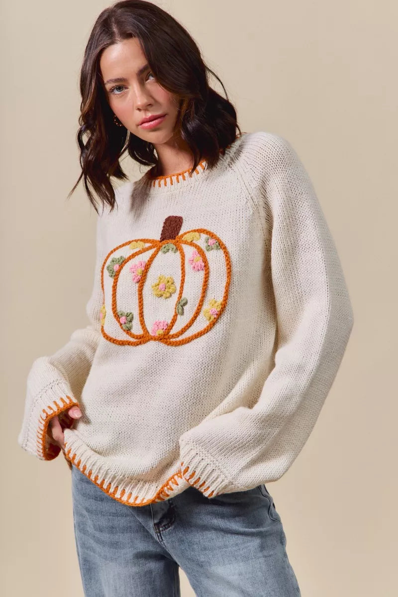 Pumpkin Blossom Sweater – cream knit sweater with floral embroidered pumpkin design, cozy fall Thanksgiving sweater.
