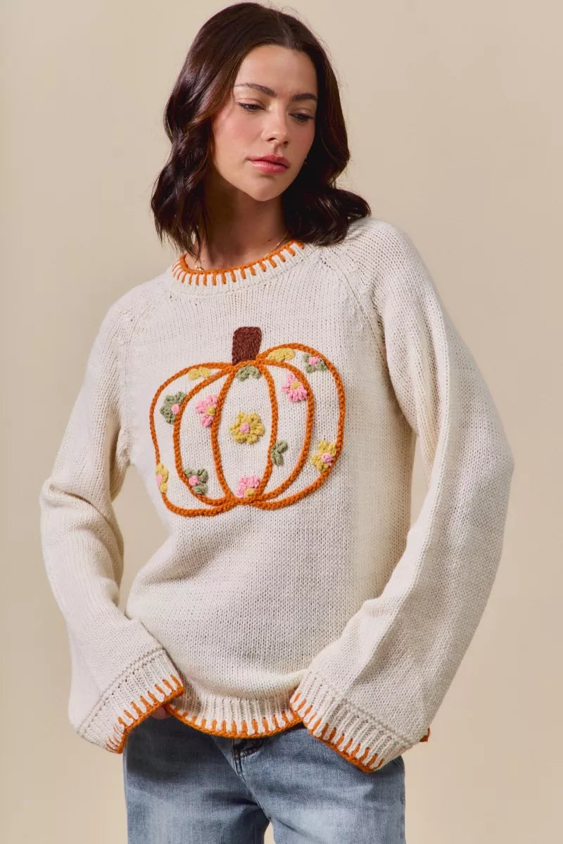Pumpkin Blossom Sweater – cream knit sweater with floral embroidered pumpkin design, cozy fall Thanksgiving sweater.