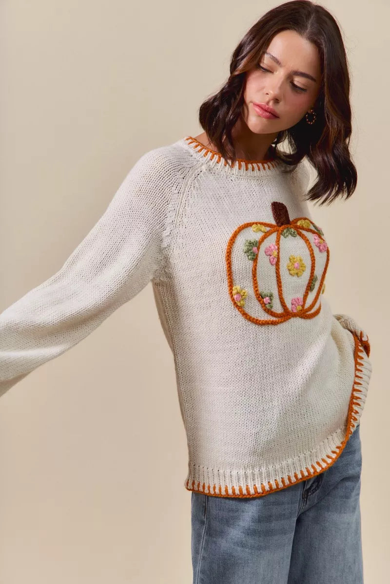 Pumpkin Blossom Sweater – cream knit sweater with floral embroidered pumpkin design, cozy fall Thanksgiving sweater.