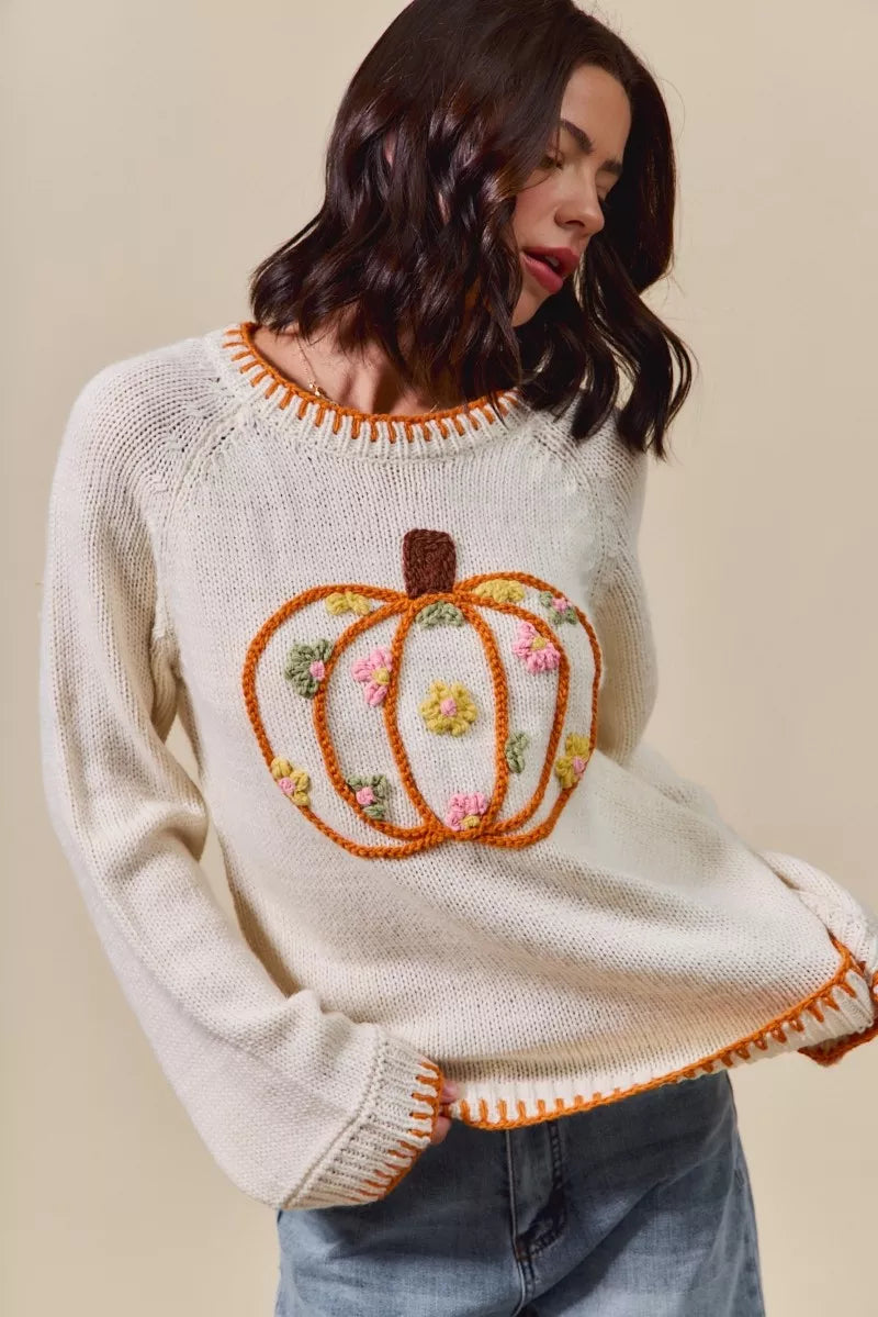 Pumpkin Blossom Sweater – cream knit sweater with floral embroidered pumpkin design, cozy fall Thanksgiving sweater.