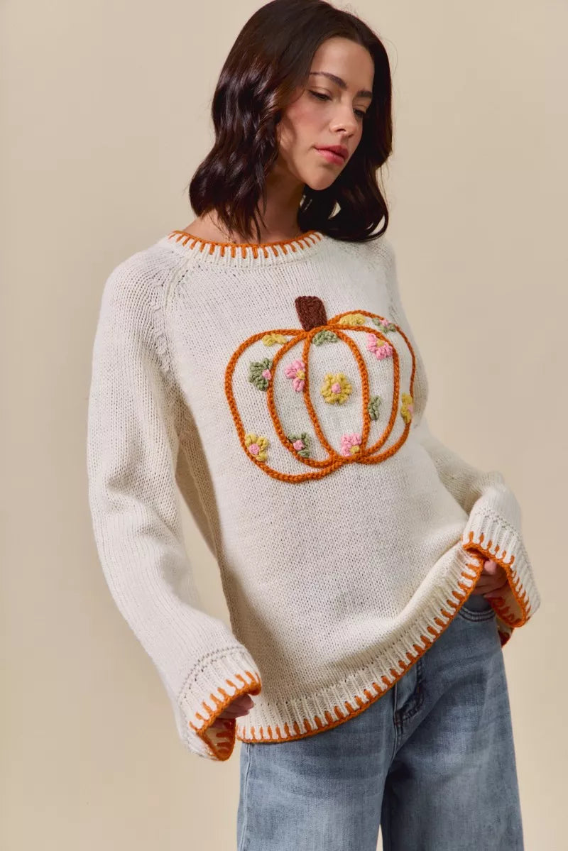 Pumpkin Blossom Sweater – cream knit sweater with floral embroidered pumpkin design, cozy fall Thanksgiving sweater.