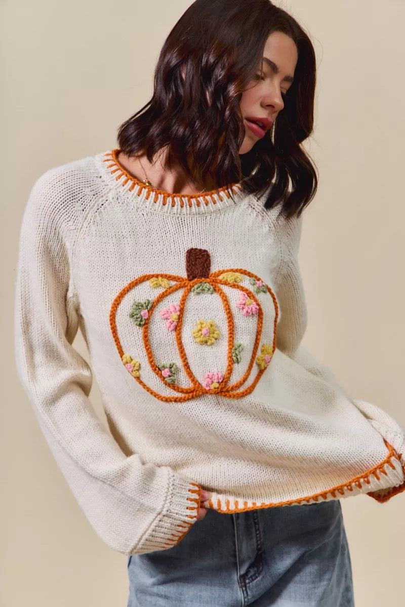 Pumpkin Blossom Sweater – cream knit sweater with floral embroidered pumpkin design, cozy fall Thanksgiving sweater.