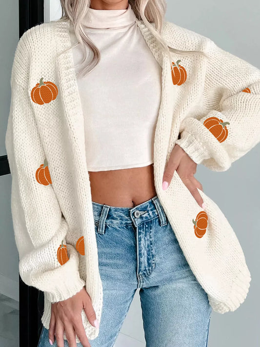 White knit cardigan with orange pumpkin embroidery – Pumpkin Patch style from A Whimsical Affair.