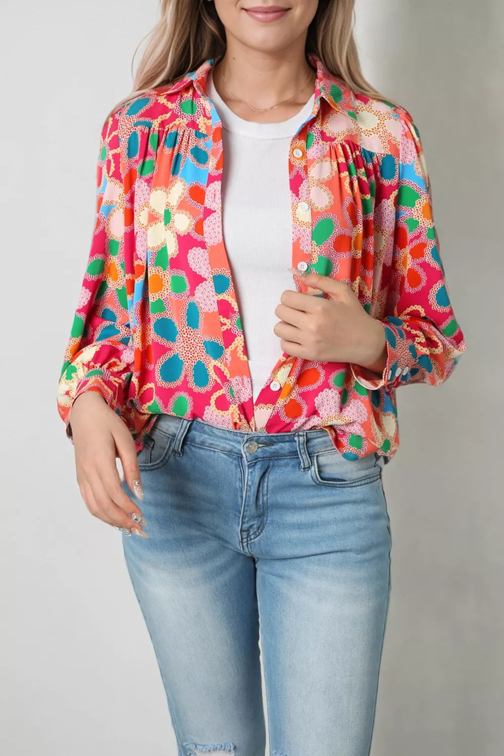 Colorful retro floral button-up blouse with long sleeves