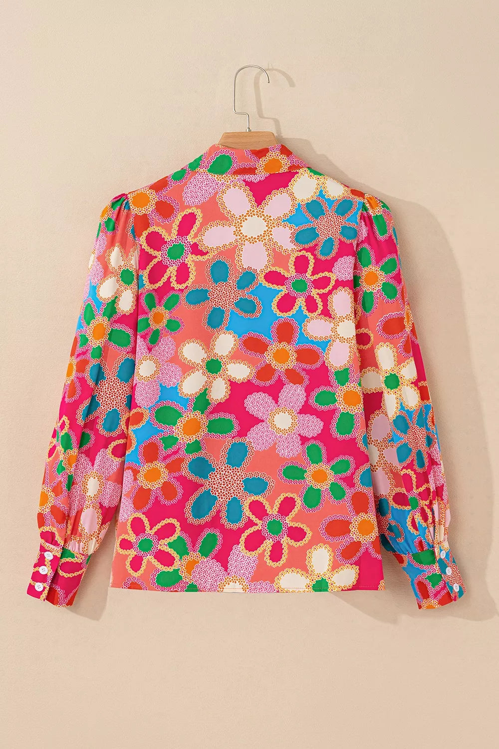 Colorful retro floral button-up blouse with long sleeves