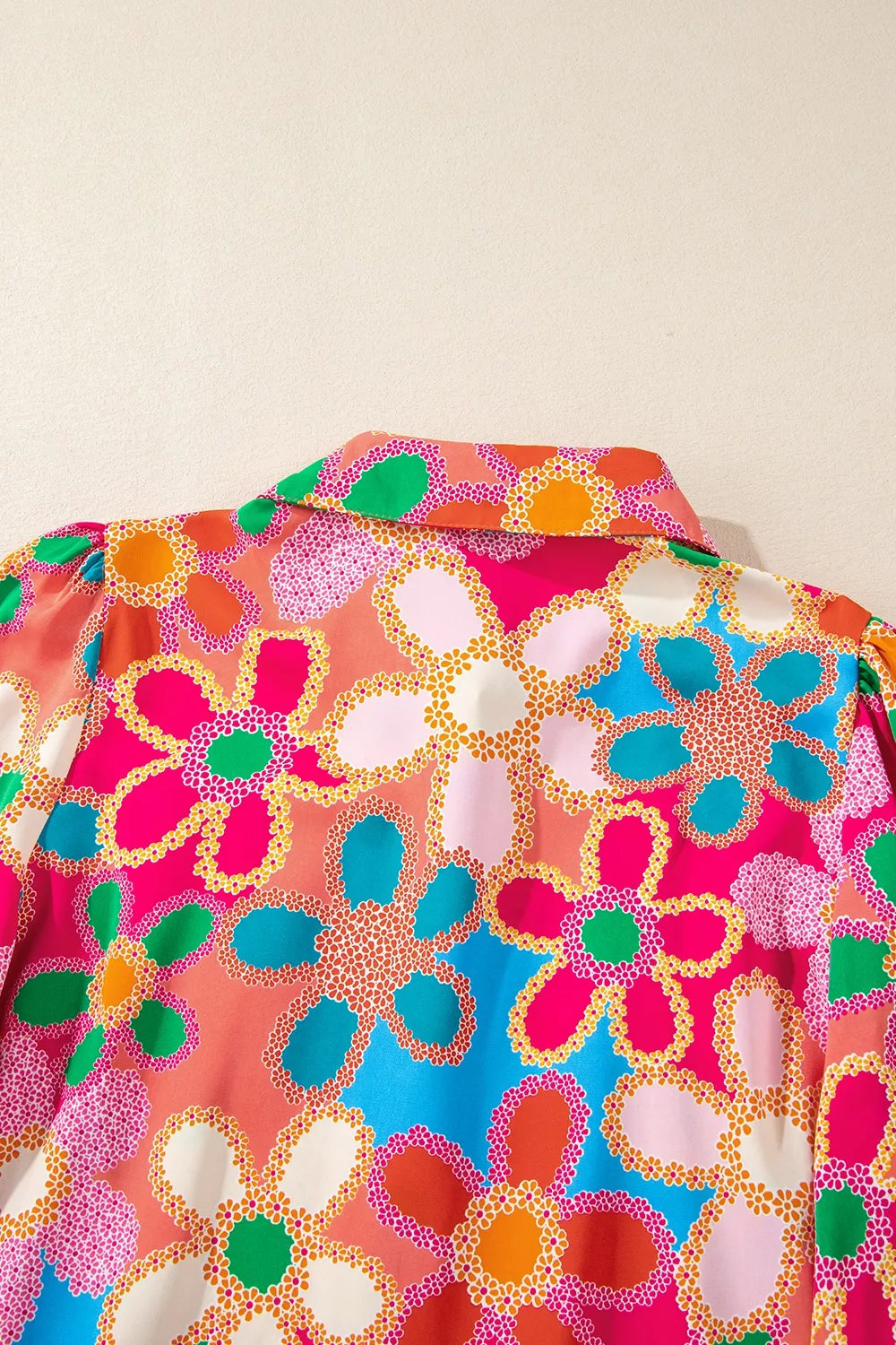 Colorful retro floral button-up blouse with long sleeves