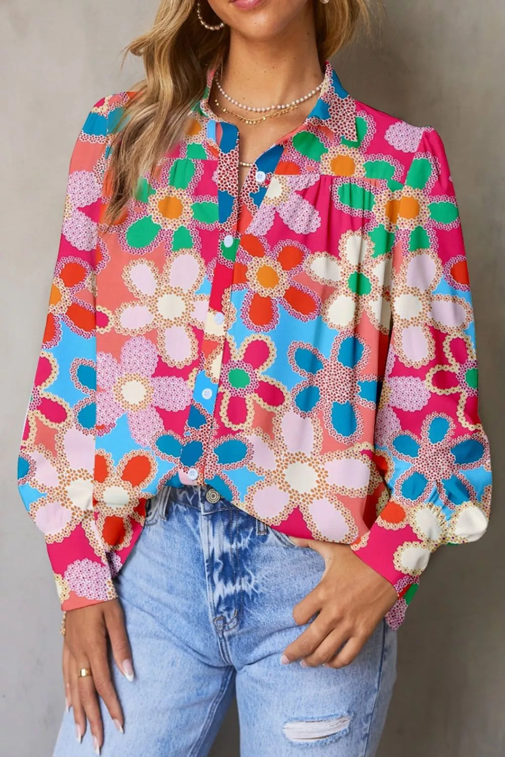 Colorful retro floral button-up blouse with long sleeves