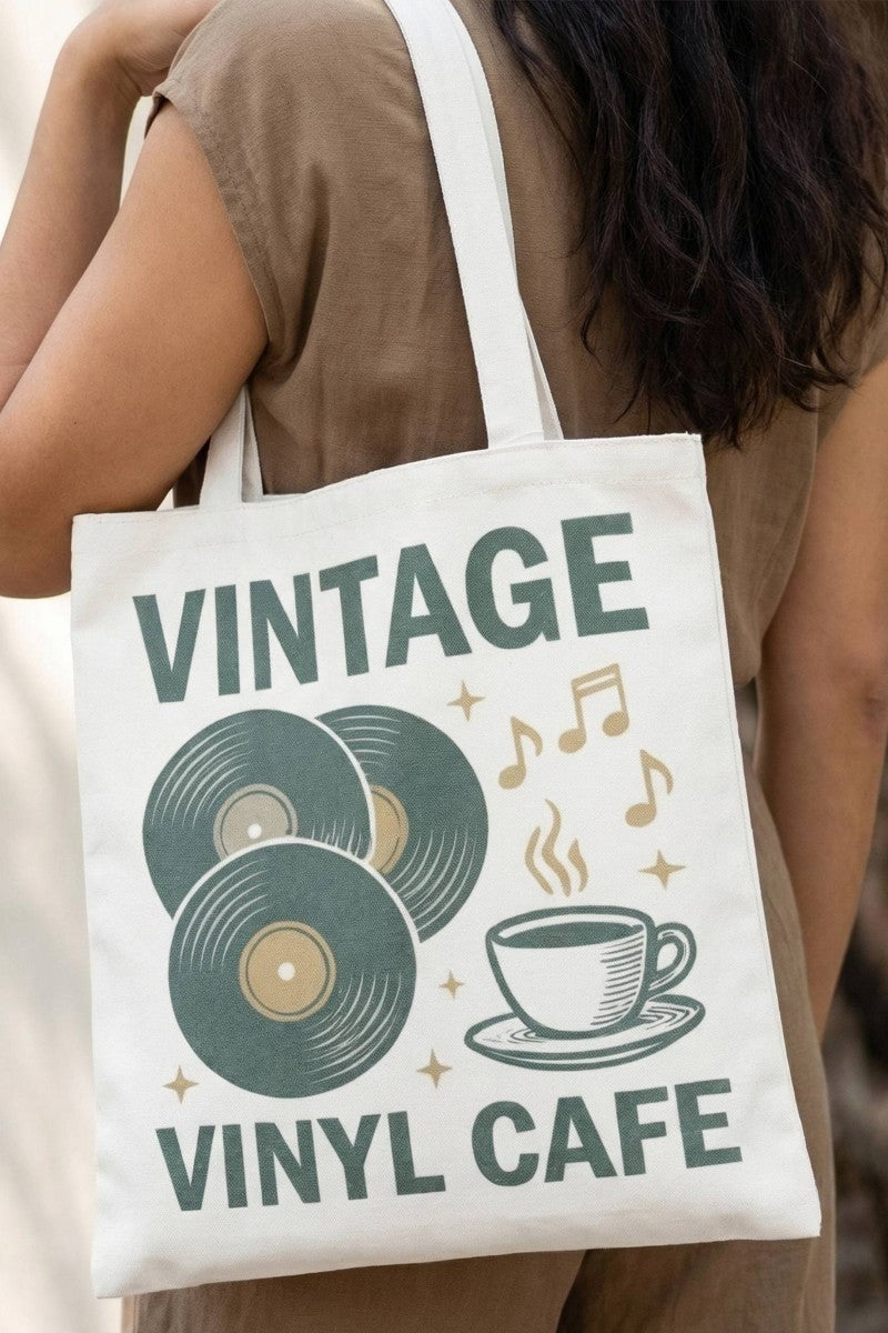Cream tote bag with vintage vinyl records and coffee cup graphic