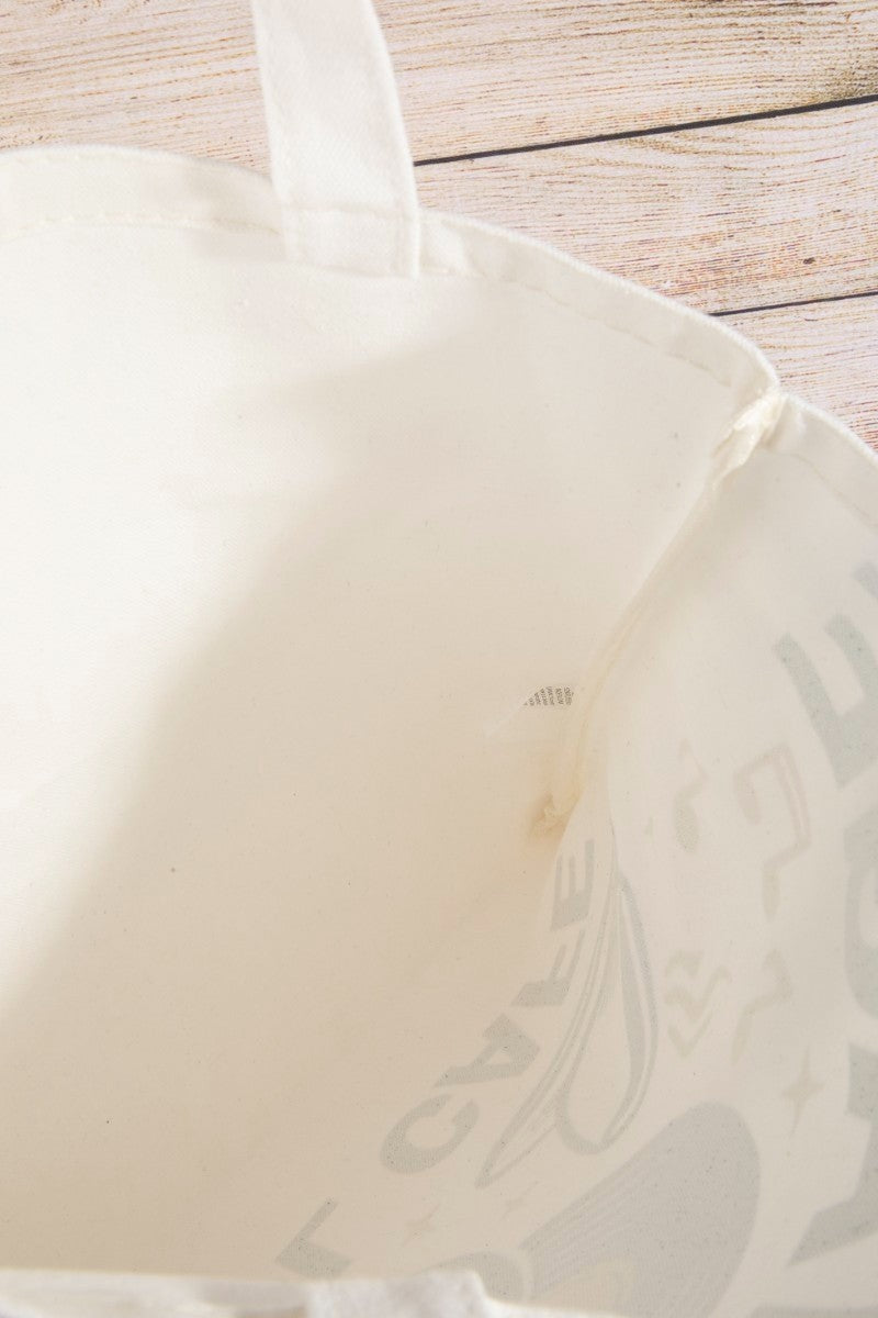 Cream tote bag with vintage vinyl records and coffee cup graphic