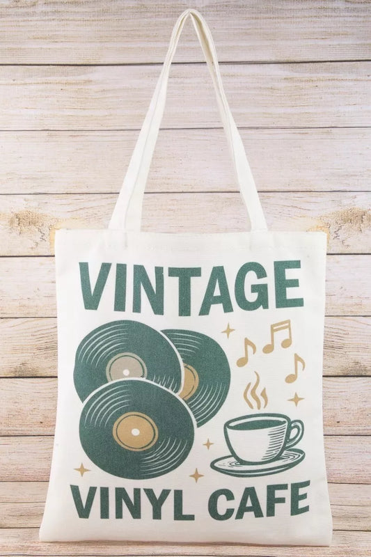 Cream tote bag with vintage vinyl records and coffee cup graphic