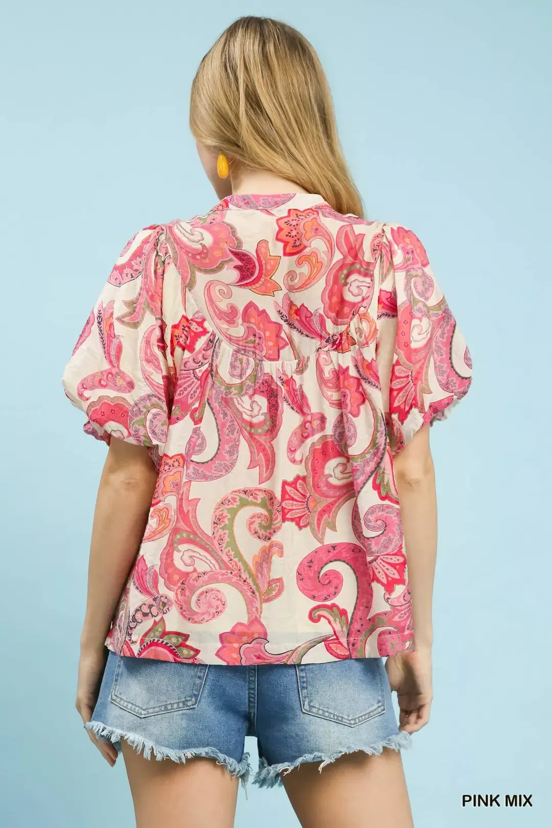 pink paisley peasant blouse with puff sleeves and tie neckline in a romantic boho style