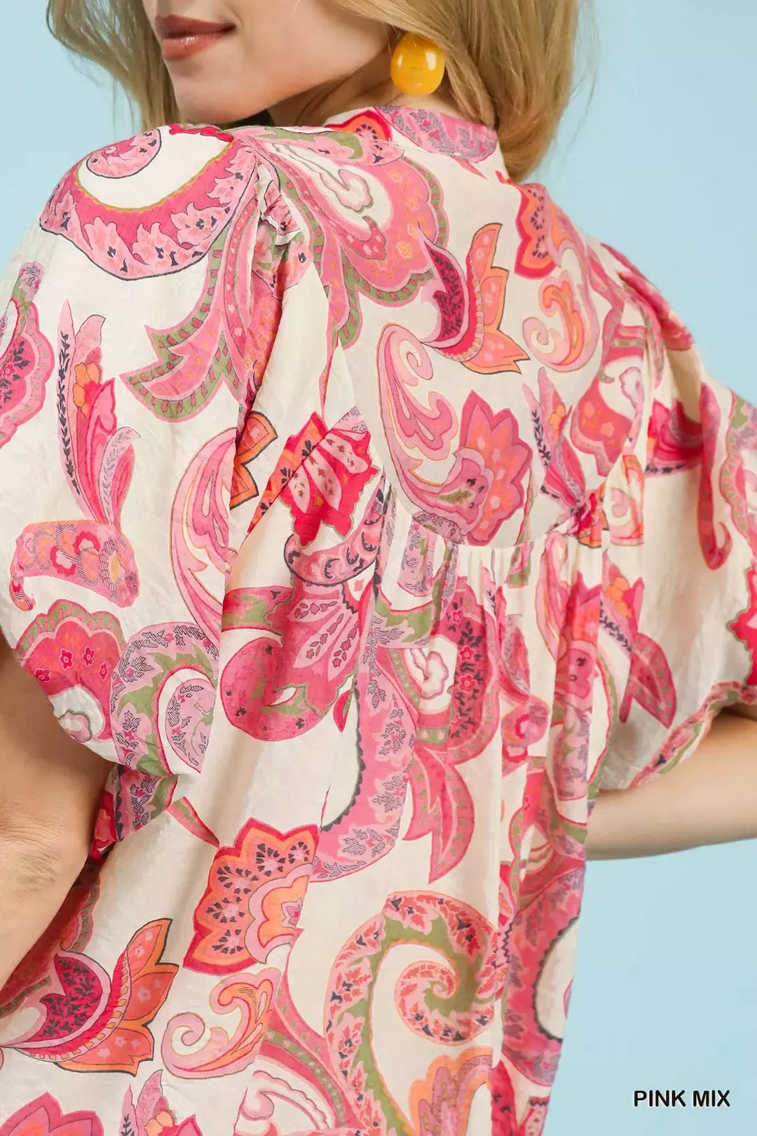 pink paisley peasant blouse with puff sleeves and tie neckline in a romantic boho style