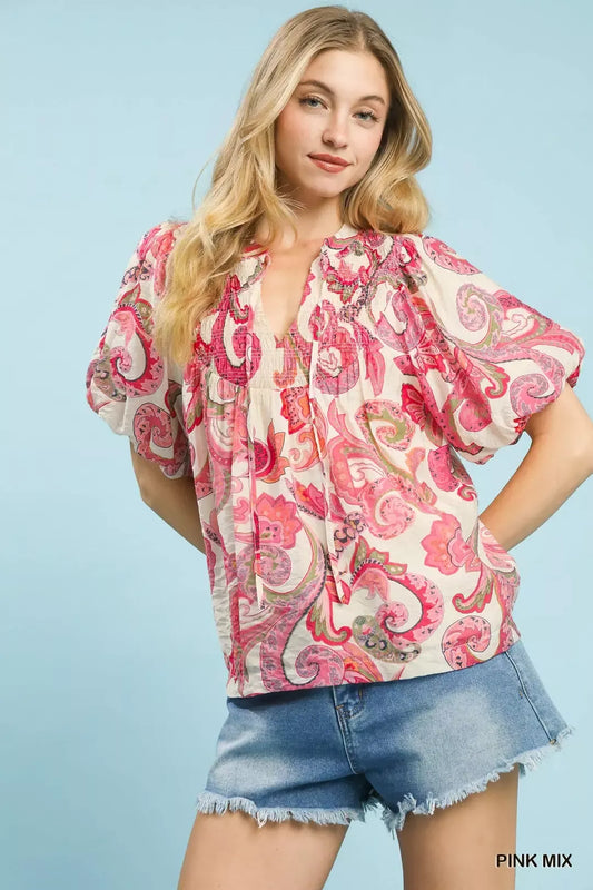 pink paisley peasant blouse with puff sleeves and tie neckline in a romantic boho style