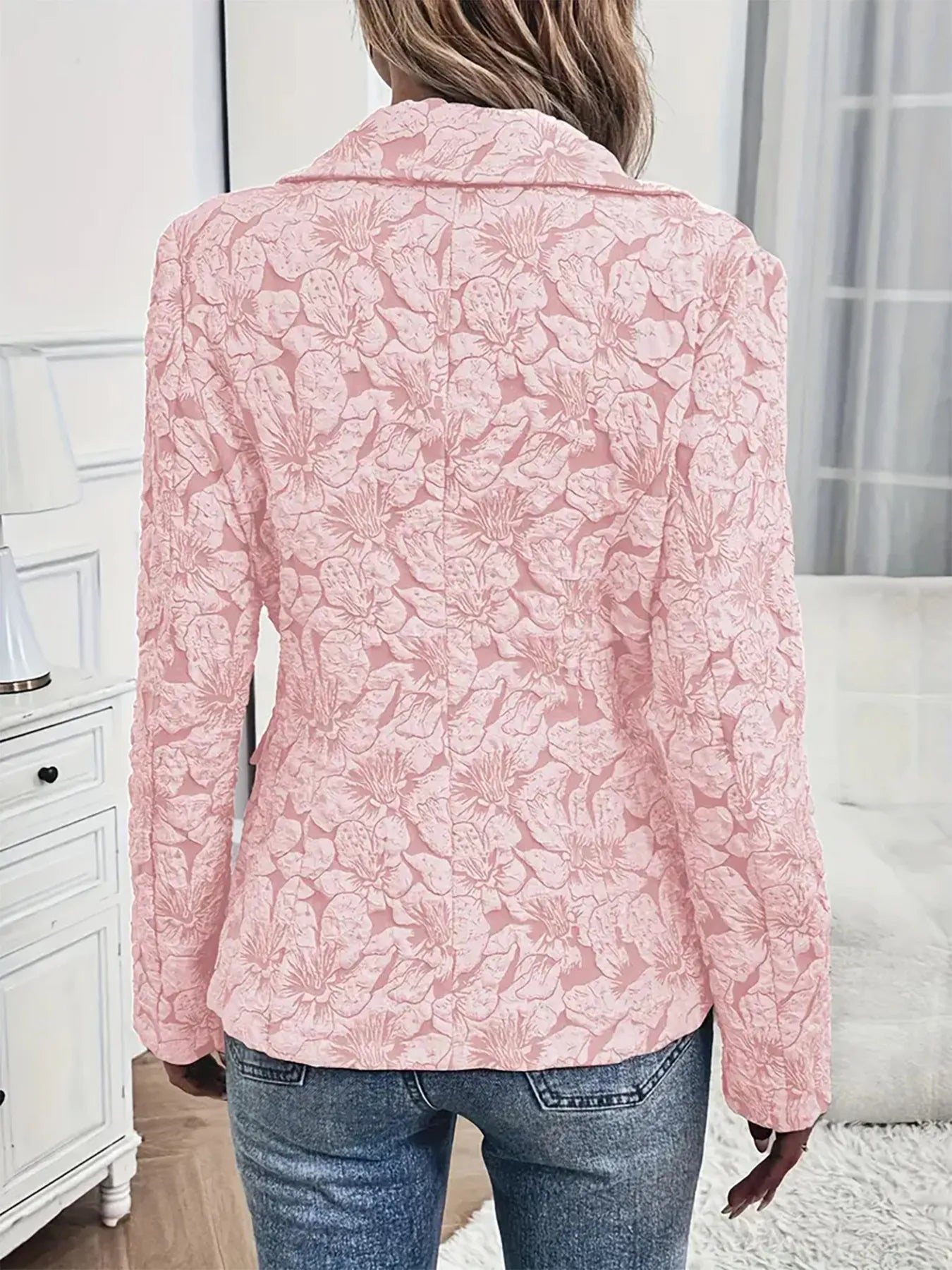 Pink floral single-button blazer with pockets – Rosé Bloom Blazer from A Whimsical Affair.
