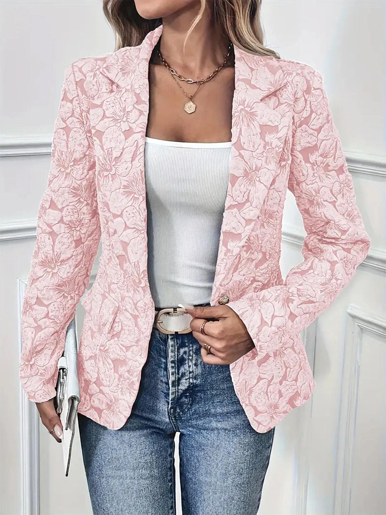 Pink floral single-button blazer with pockets – Rosé Bloom Blazer from A Whimsical Affair.