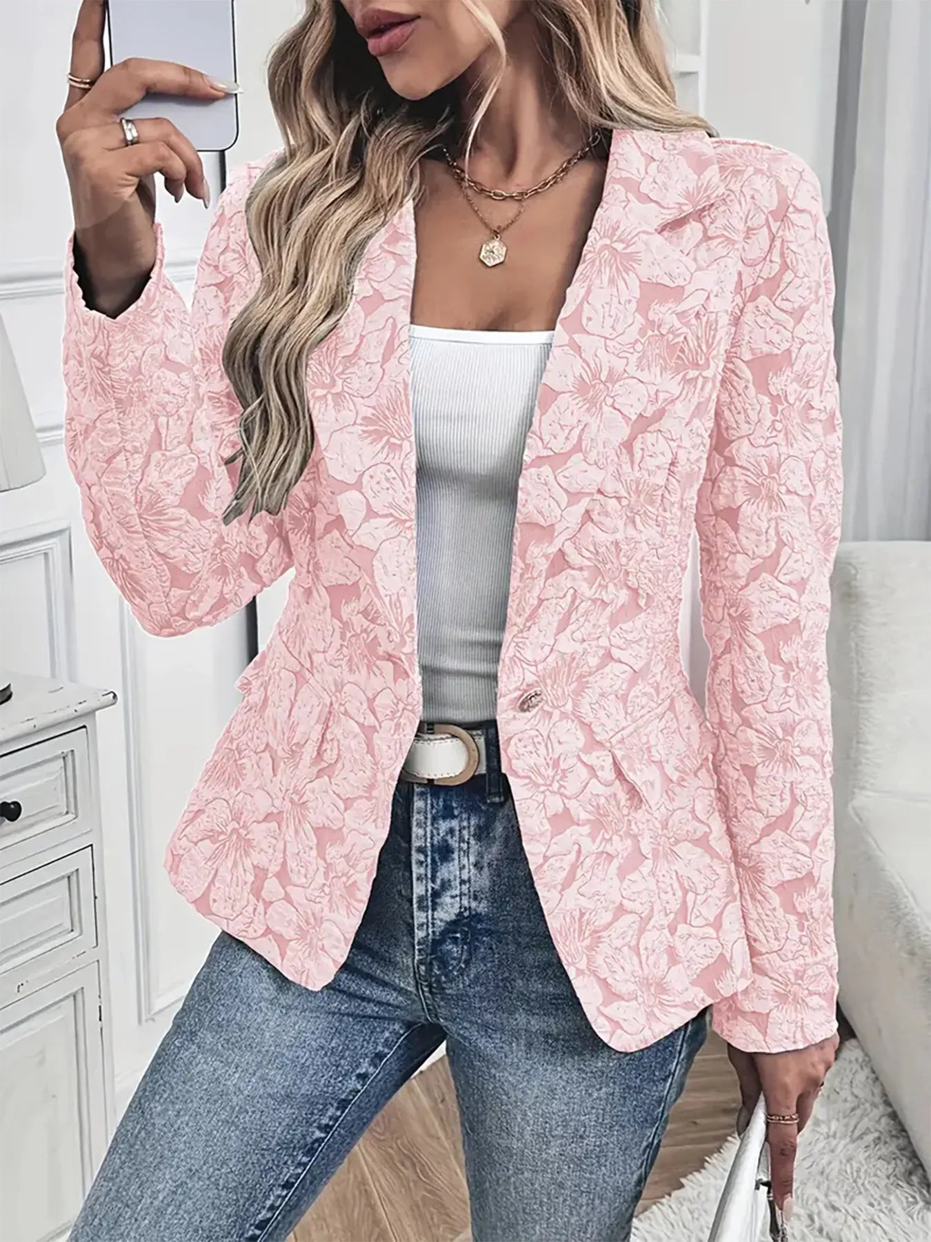 Pink floral single-button blazer with pockets – Rosé Bloom Blazer from A Whimsical Affair.