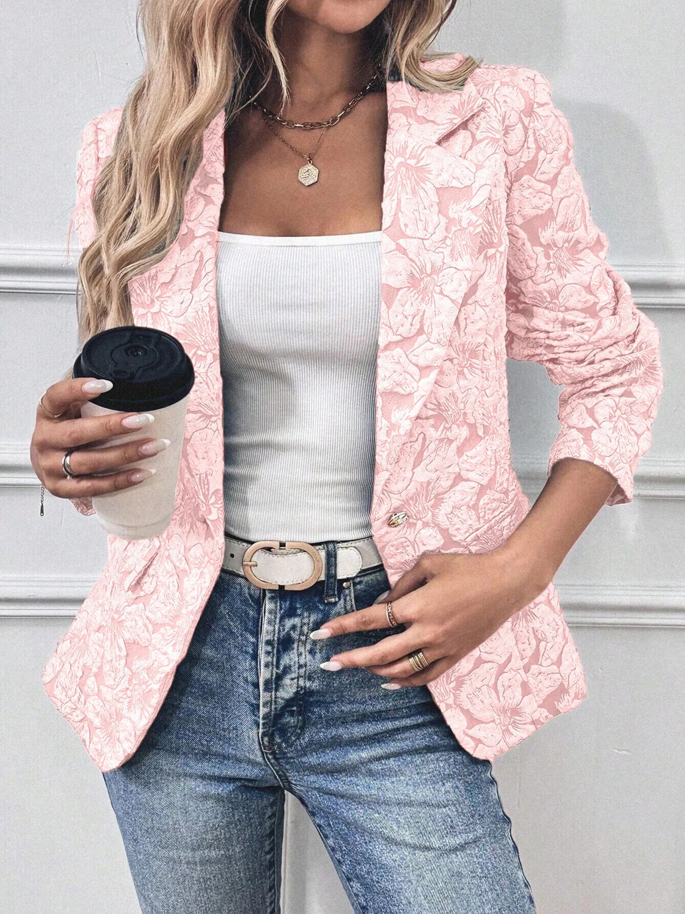Pink floral single-button blazer with pockets – Rosé Bloom Blazer from A Whimsical Affair.