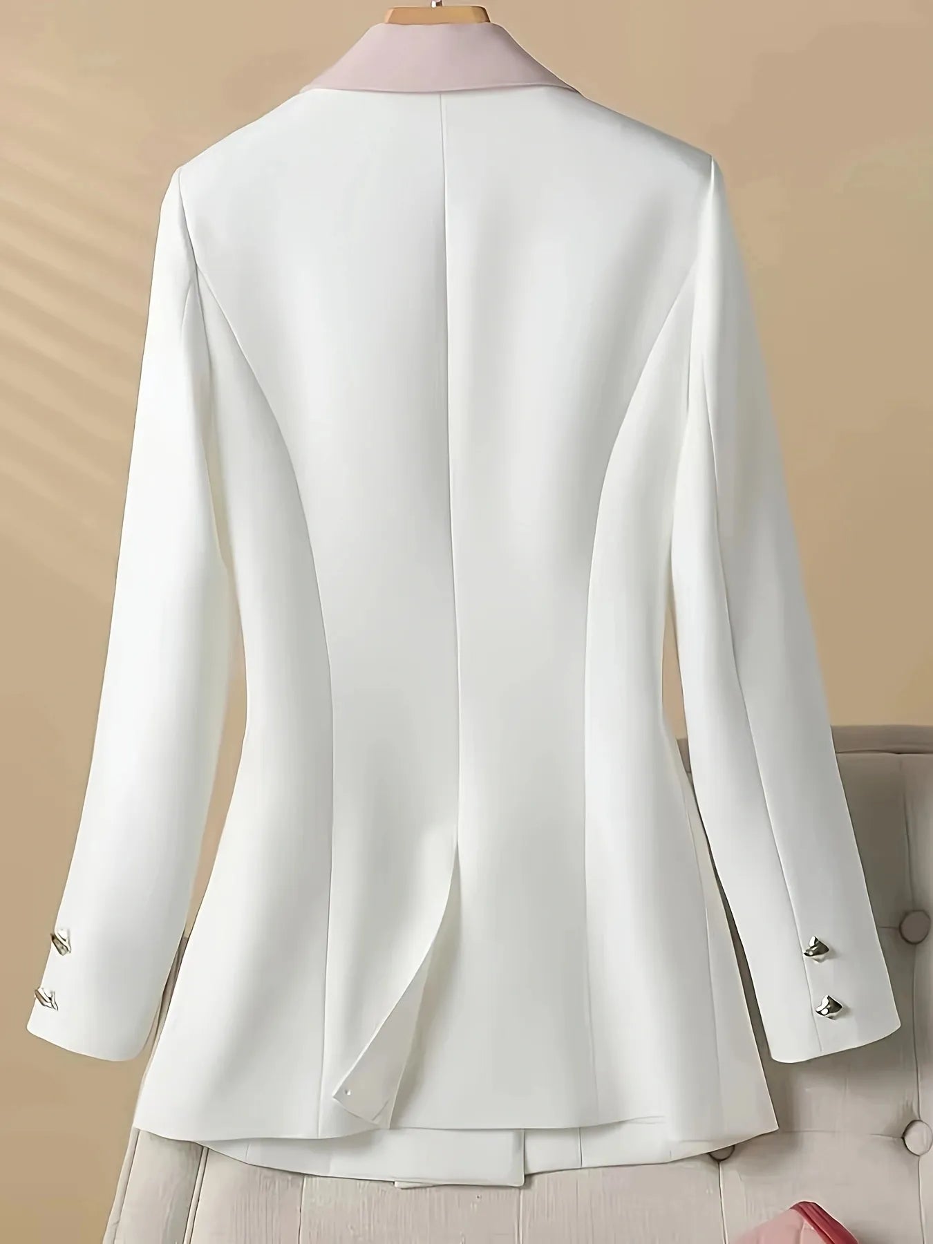 White blazer with pink contrast trim in a double-breasted design – Rose Regent style from A Whimsical Affair.