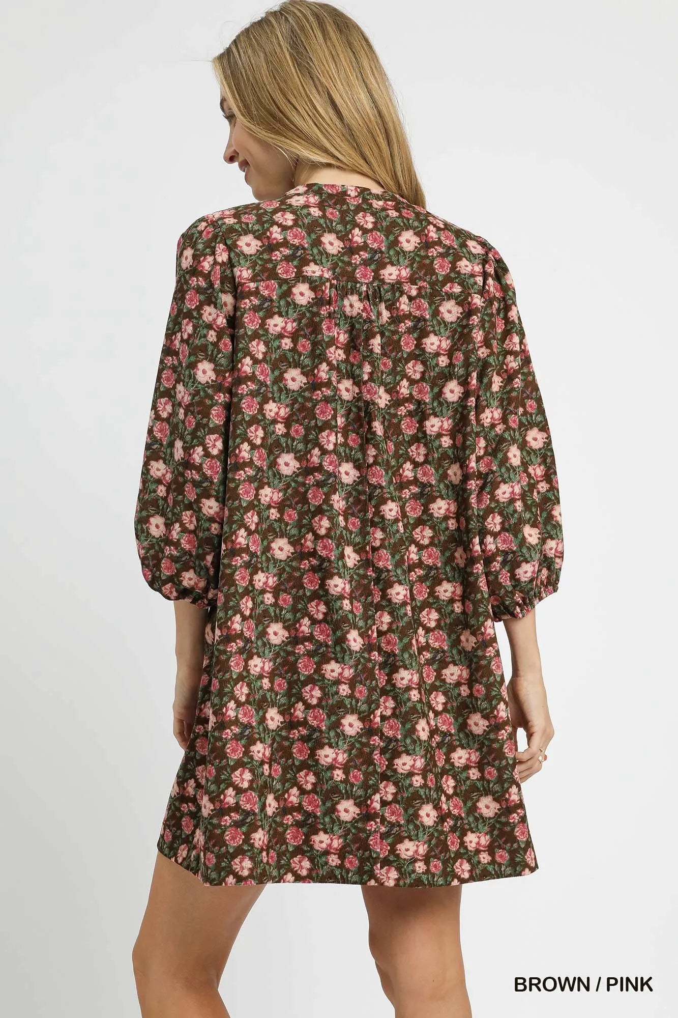 Brown babydoll dress with pink floral print and tie-neck detail – Rosewood Whimsy style from A Whimsical Affair.