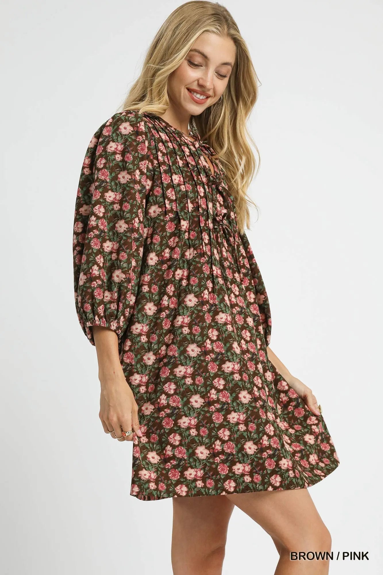 Brown babydoll dress with pink floral print and tie-neck detail – Rosewood Whimsy style from A Whimsical Affair.