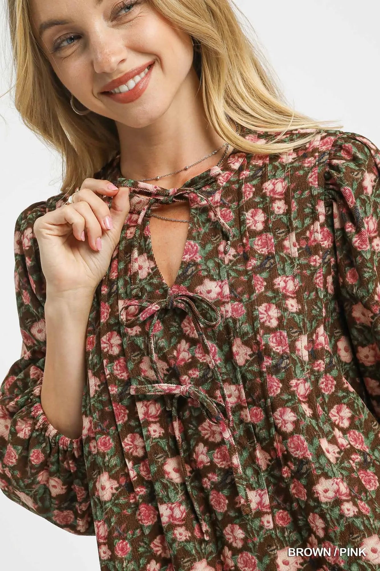 Brown babydoll dress with pink floral print and tie-neck detail – Rosewood Whimsy style from A Whimsical Affair.