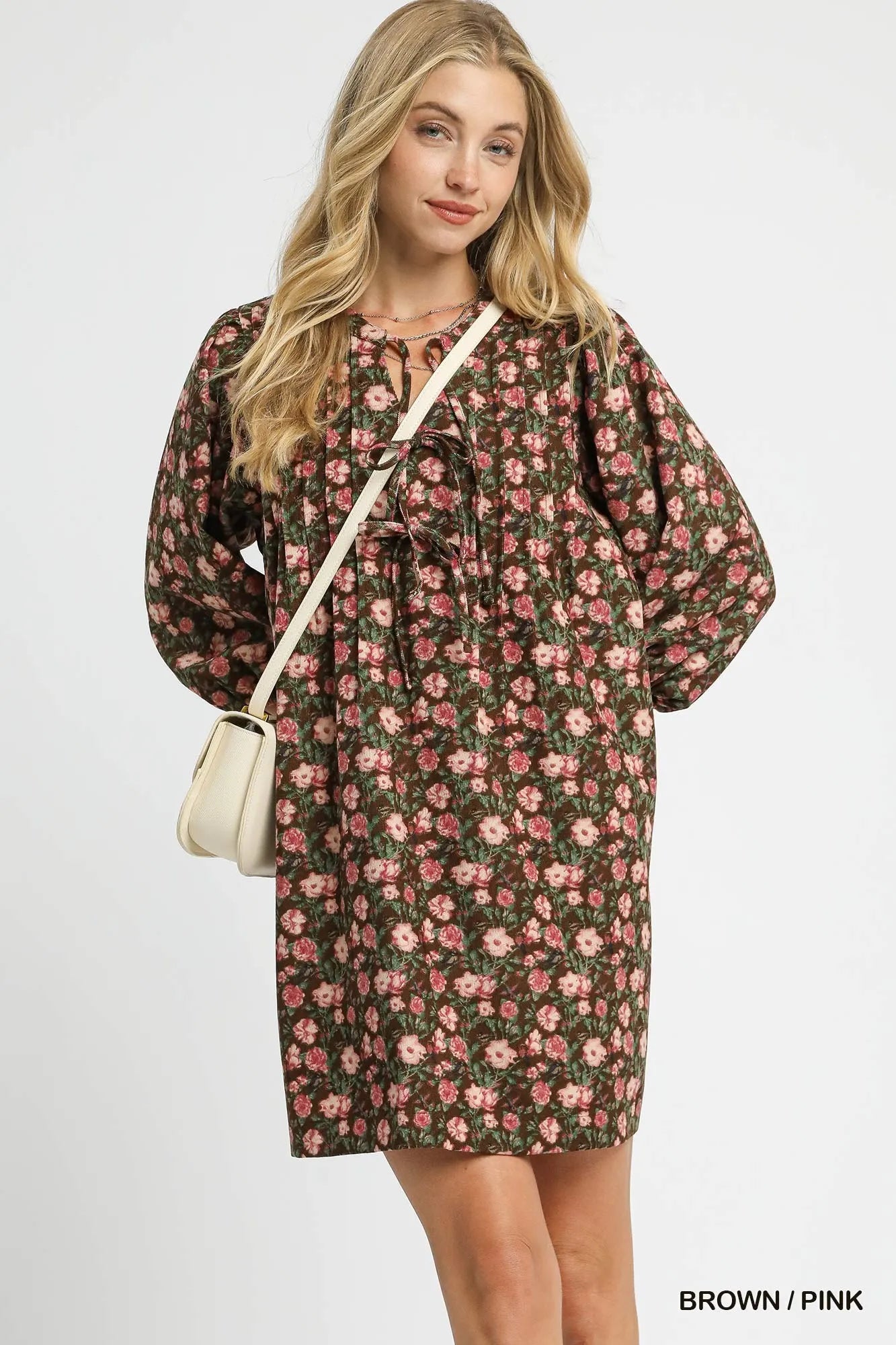 Brown babydoll dress with pink floral print and tie-neck detail – Rosewood Whimsy style from A Whimsical Affair.