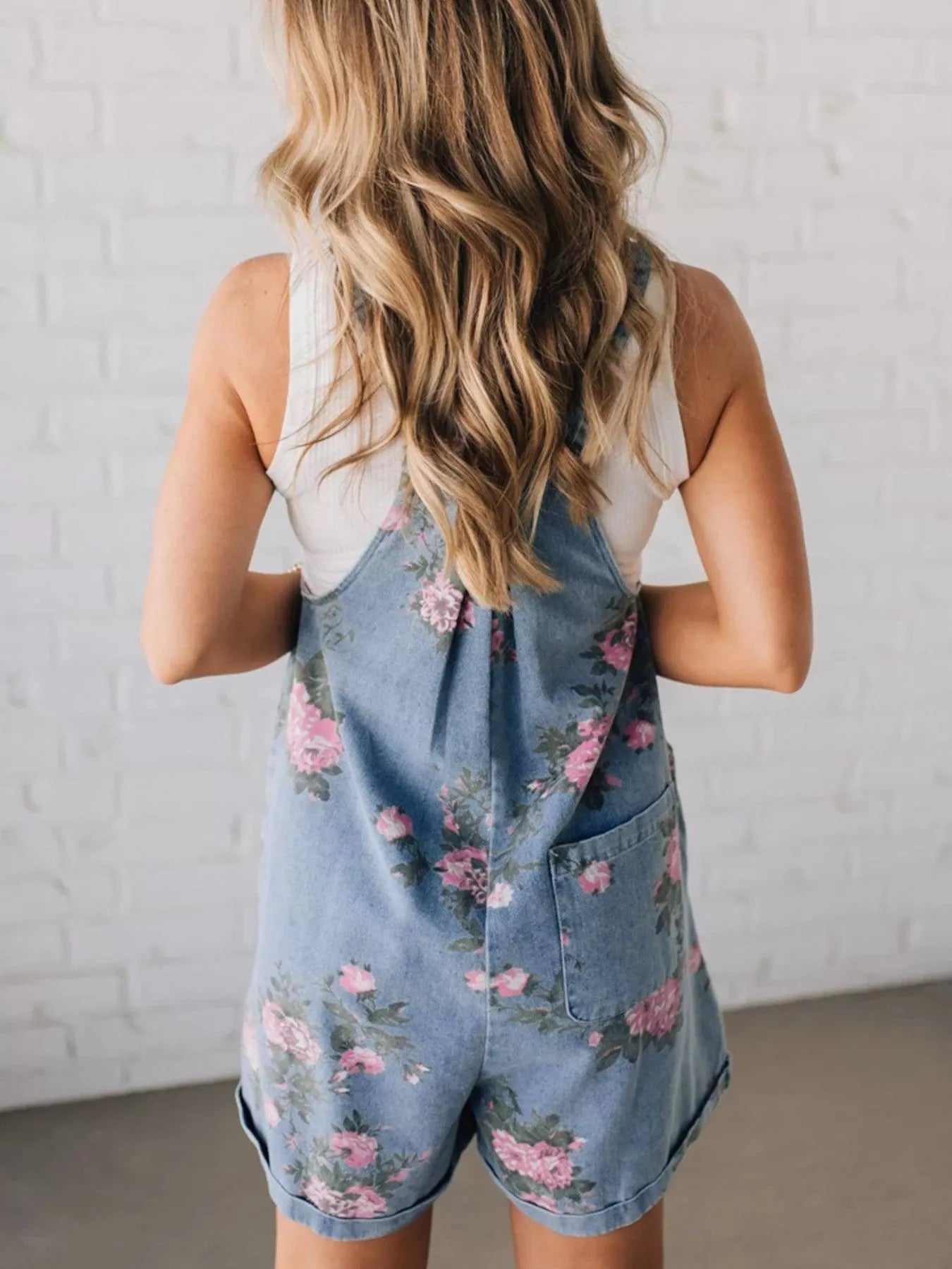 blue floral denim short overalls with pink flowers and relaxed boho fit