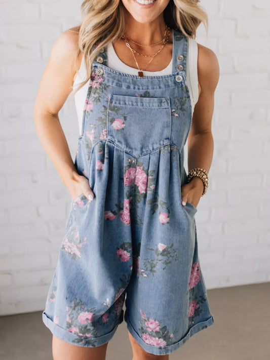 blue floral denim short overalls with pink flowers and relaxed boho fit