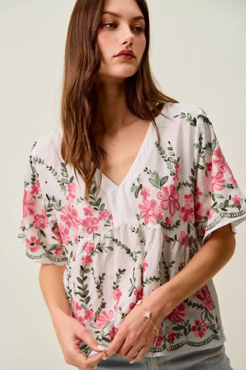 White boho blouse with pink floral embroidery, green vine details, V-neckline, short sleeves, and relaxed flowy fit styled with jeans.