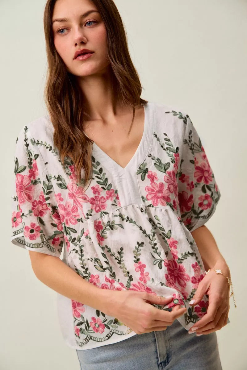 White boho blouse with pink floral embroidery, green vine details, V-neckline, short sleeves, and relaxed flowy fit styled with jeans.